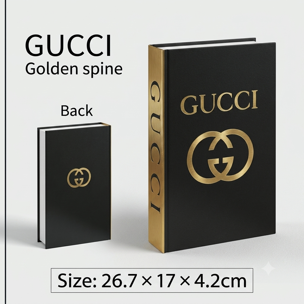 Gucci book or notebook with a black cover and gold spine, shown front and back on a light gray background. Text reads 'GUCCI Golden spine', 'Back', and 'Size: 26.