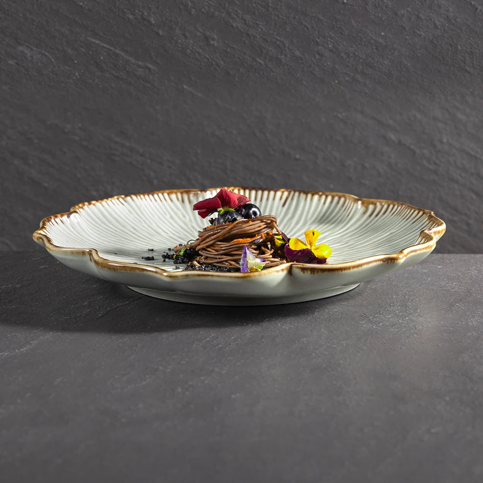 Lotus Flower Ceramic Fine Dine Dinner Plate — Brown & White