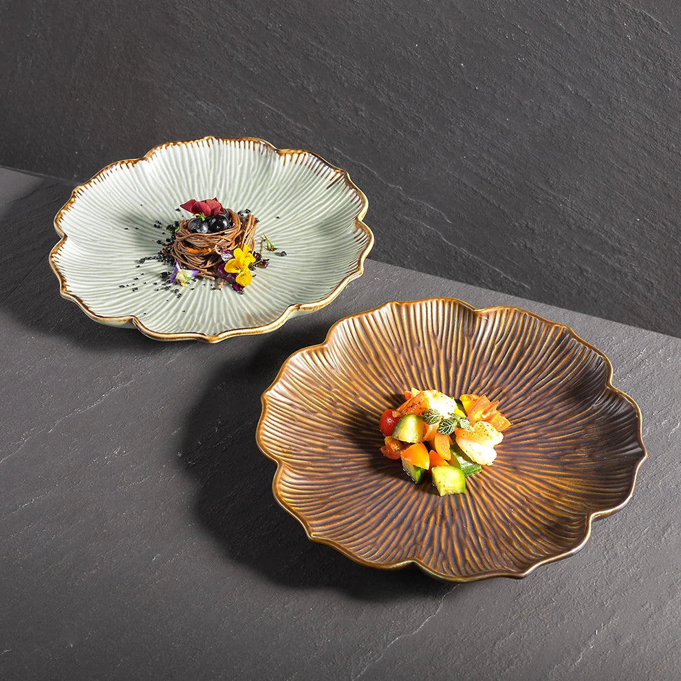 Lotus Flower Ceramic Fine Dine Dinner Plate — Brown & White