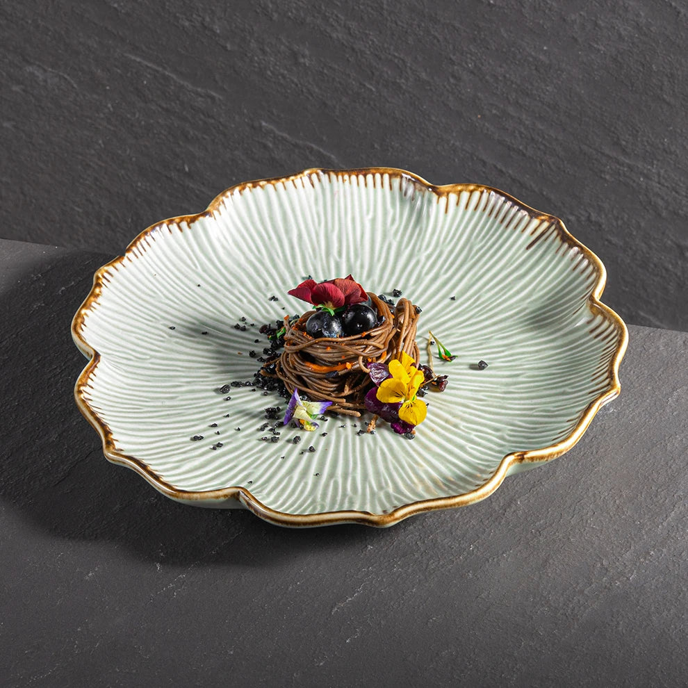 Lotus Flower Ceramic Fine Dine Dinner Plate — Brown & White