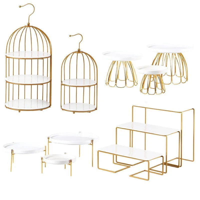 Gold Metal Cake Stand & Display Set – Birdcage & Tiered Risers