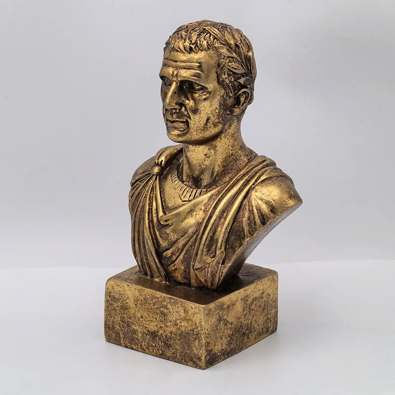 Roman emperor bust sculpture - three-quarter side view showing antique gold patina finish