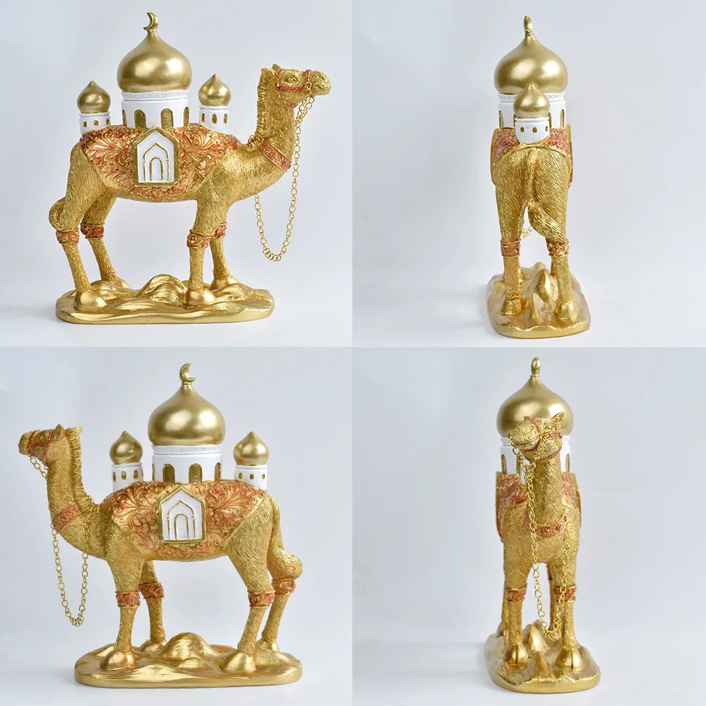 Gold camel with mosque sculpture - front and back views