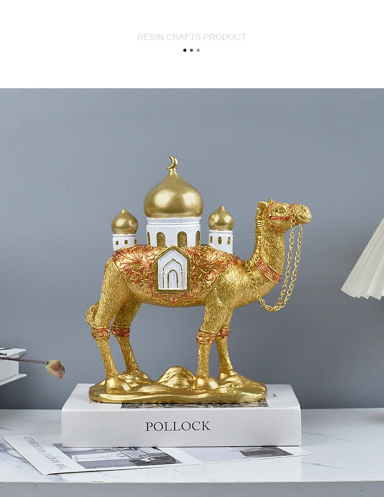 Gold camel with mosque sculpture styled on marble console table