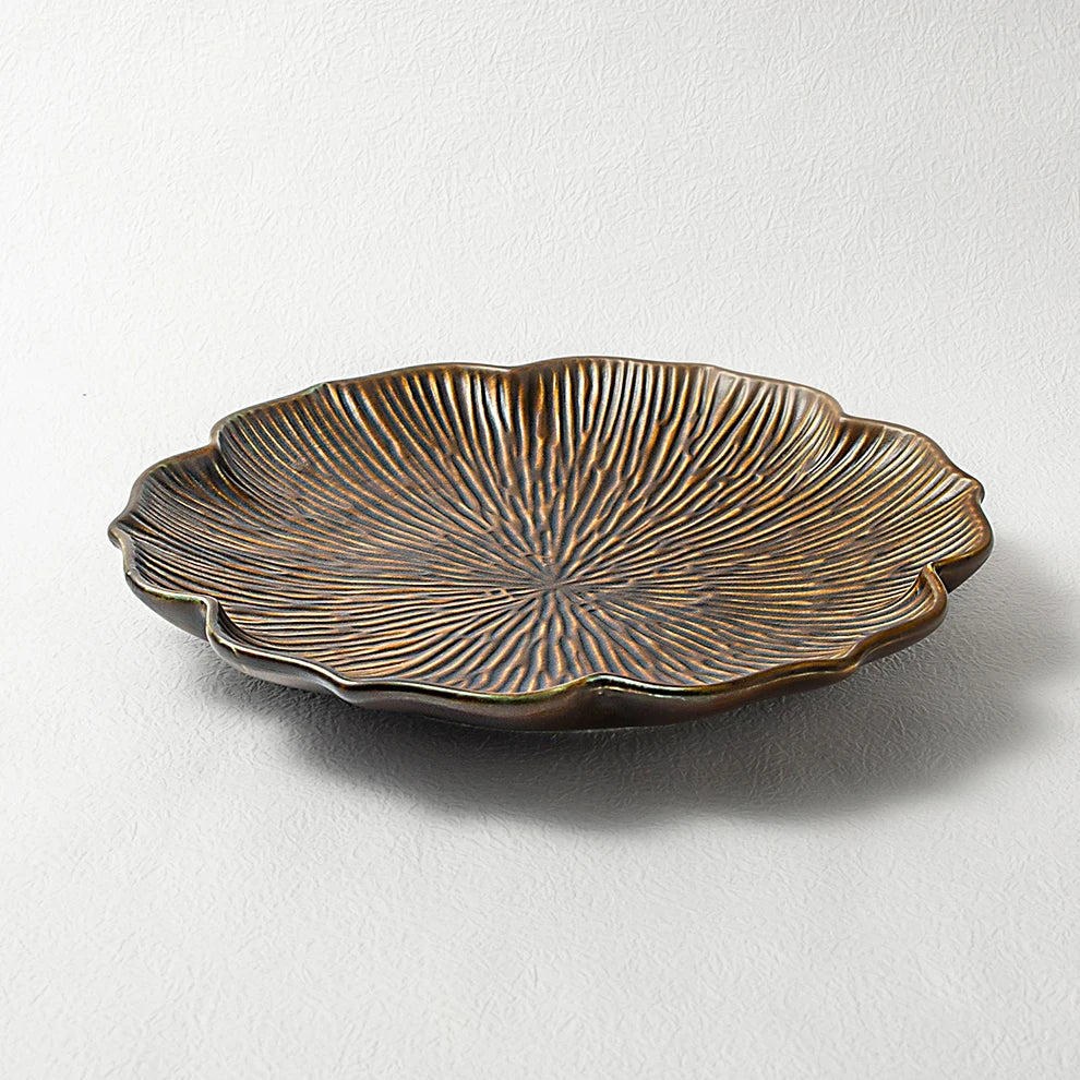 Lotus Flower Ceramic Fine Dine Dinner Plate — Brown & White