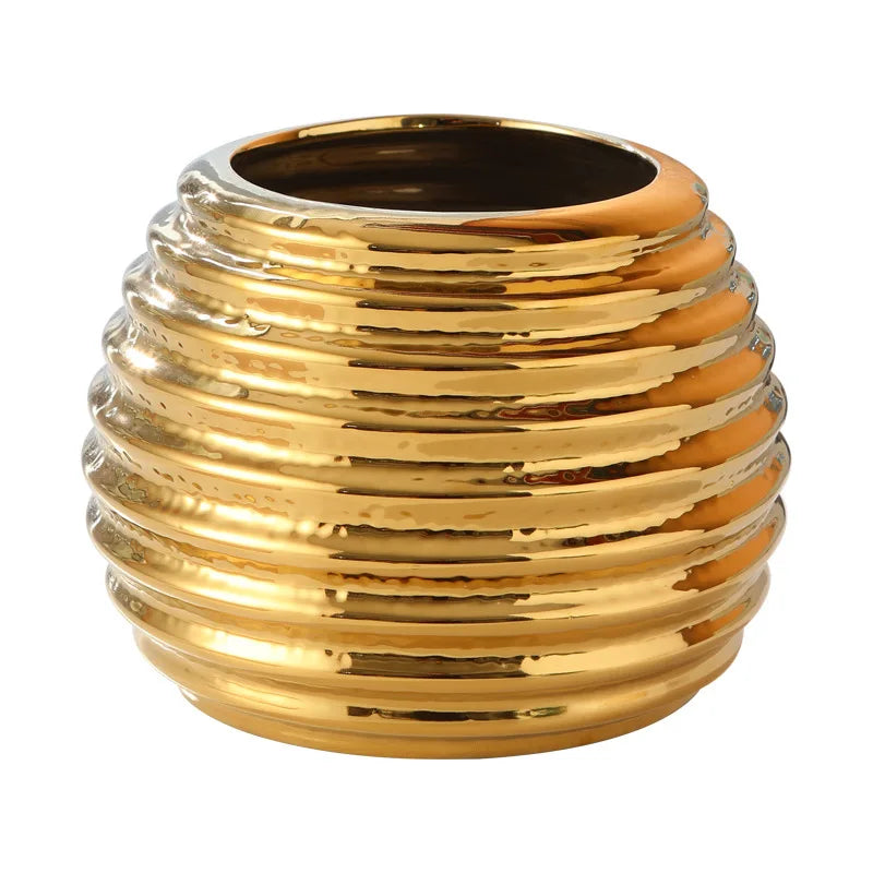 Gold Ribbed Round Ceramic Vase