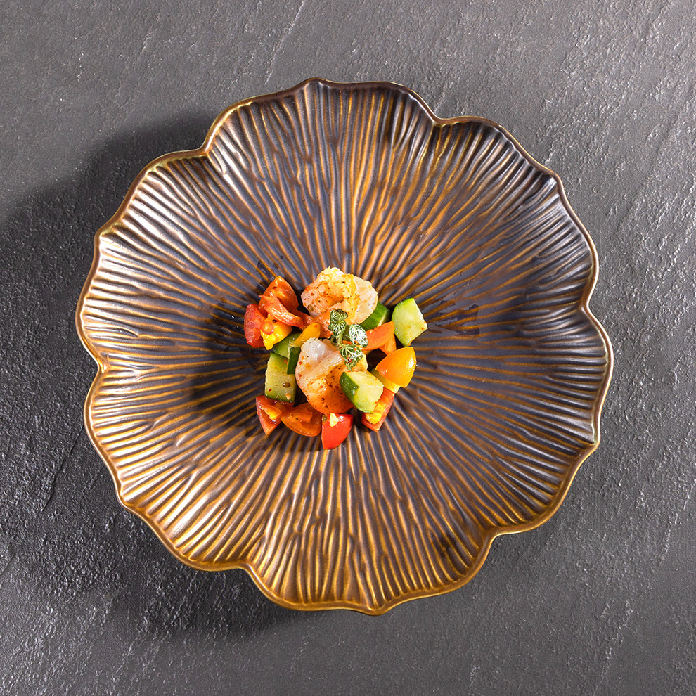 Lotus Flower Ceramic Fine Dine Dinner Plate — Brown & White