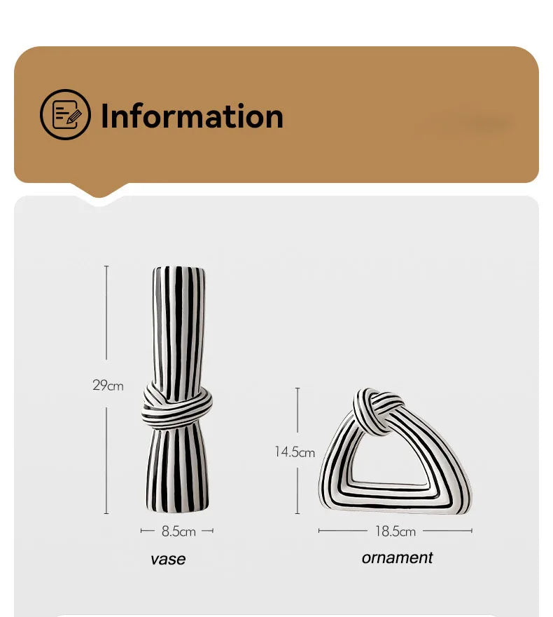 Black and white striped knot vase and ornament dimensions – vase 8.5x29cm, ornament 18.5x14.5cm