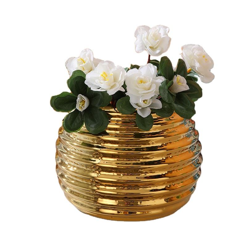 Gold Ribbed Round Ceramic Vase