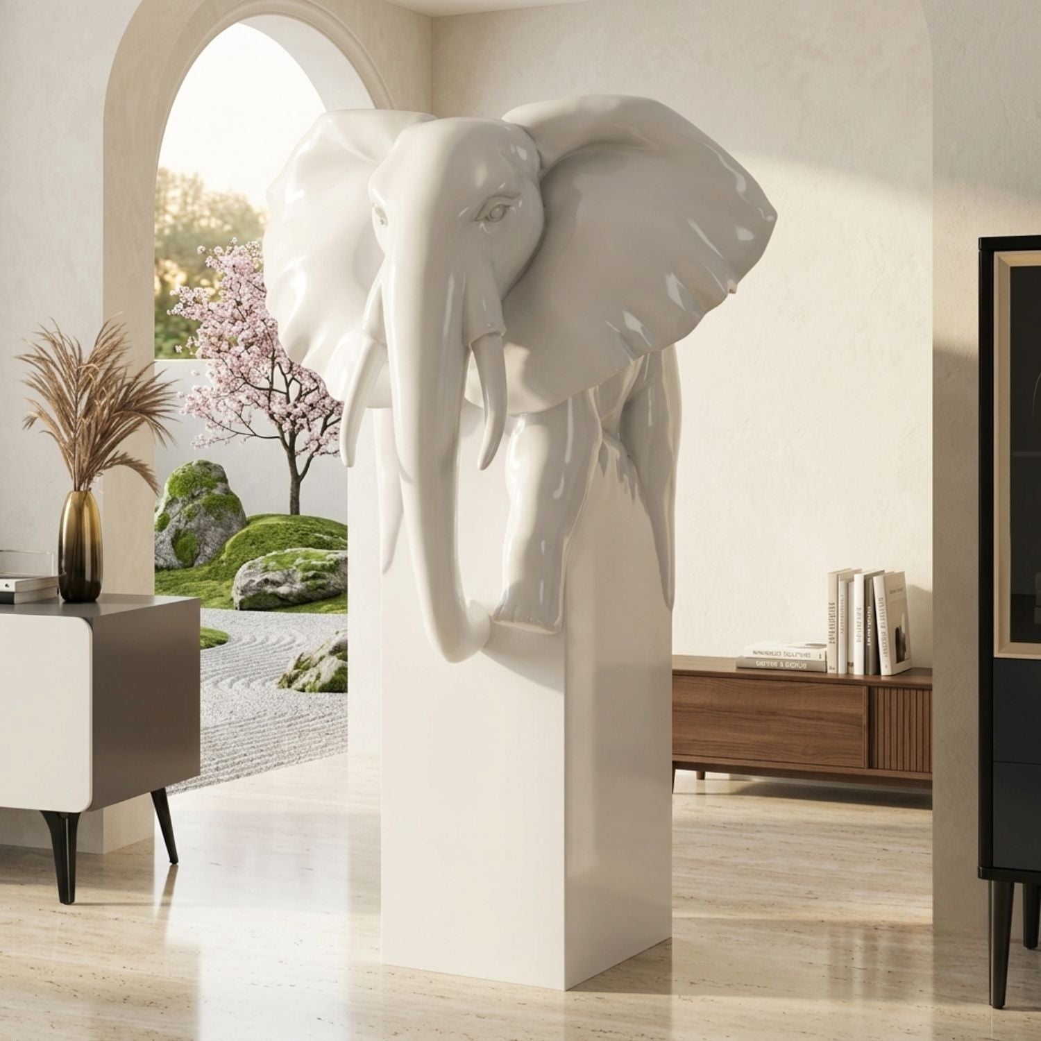 A large sculptural elephant head statue in glossy white mounted on a matching white pedestal, displayed in a modern interior room with an arched opening and garden view.