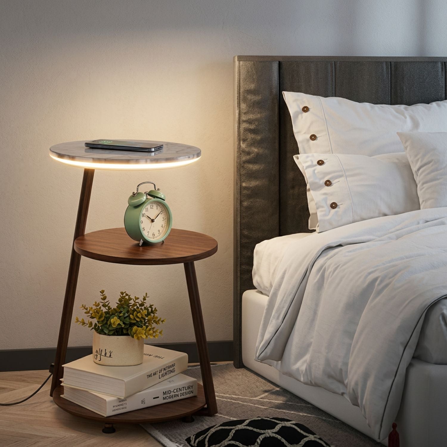 A modern two-tier wooden nightstand with a lit marble-top shelf, styled in a bedroom next to a bed with white bedding. The nightstand holds a green alarm clock, a smartphone, and a small potted plant.