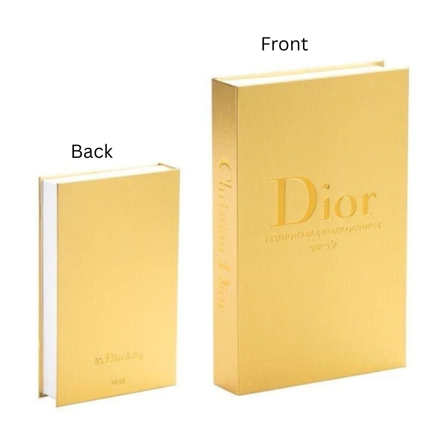 A gold-colored Christian Dior hardcover notebook shown from both front and back angles on a plain white background.