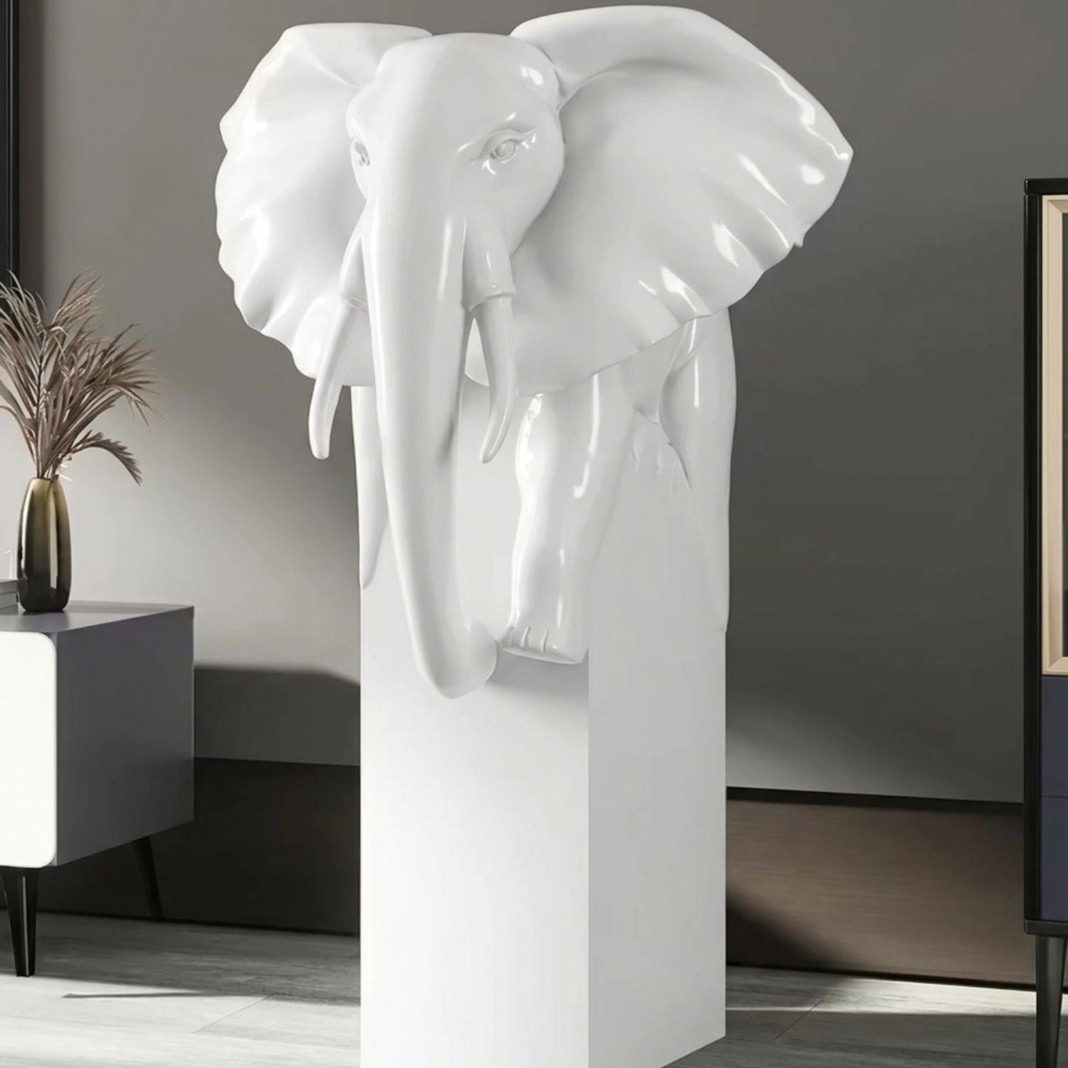 Large White Elephant Floor Sculpture on Pedestal