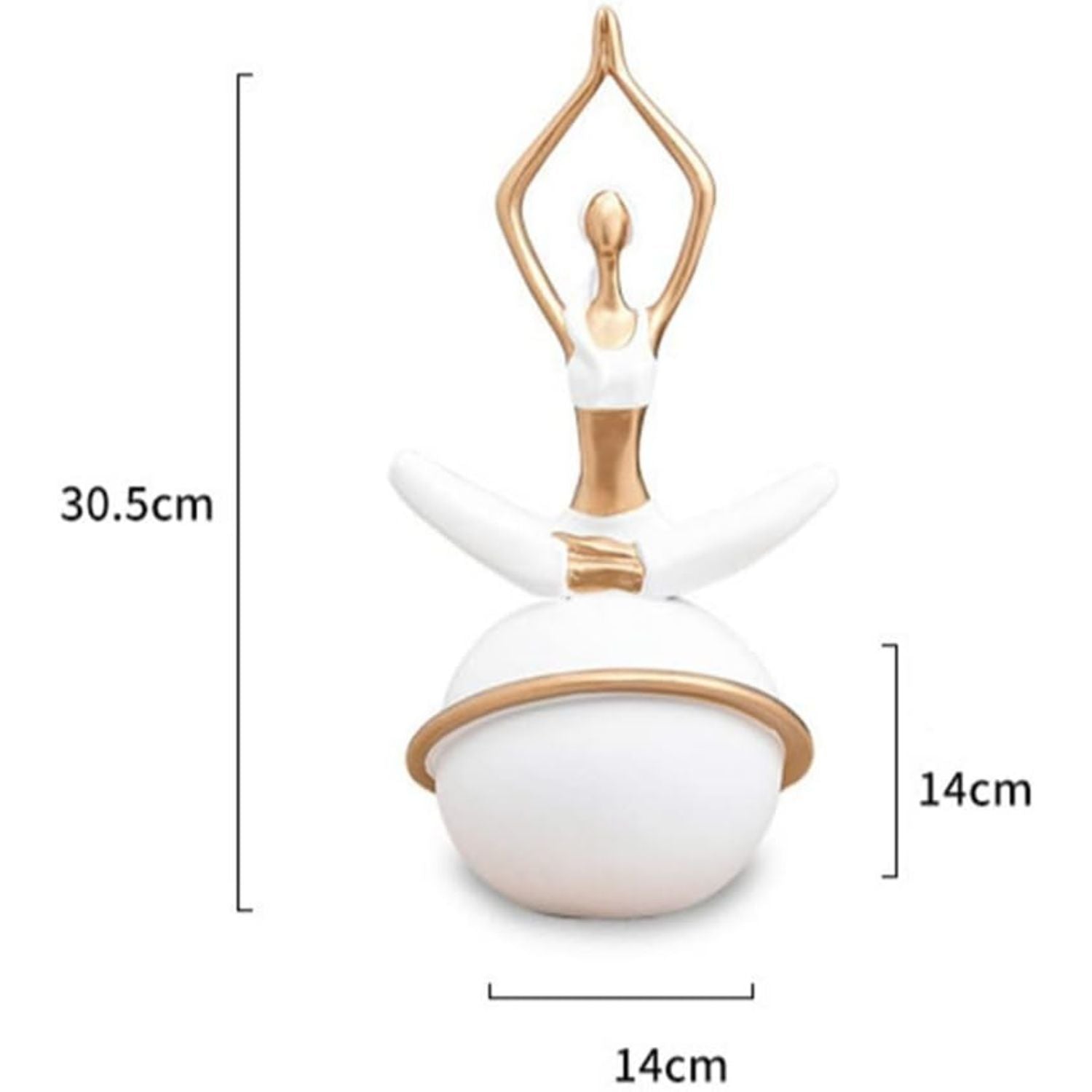 A white and gold decorative figurine of a dancer or ballerina posed with arms raised above a round base, shown with dimension labels indicating 30.5 cm height, 14 cm width, and 14 cm depth on a white background.