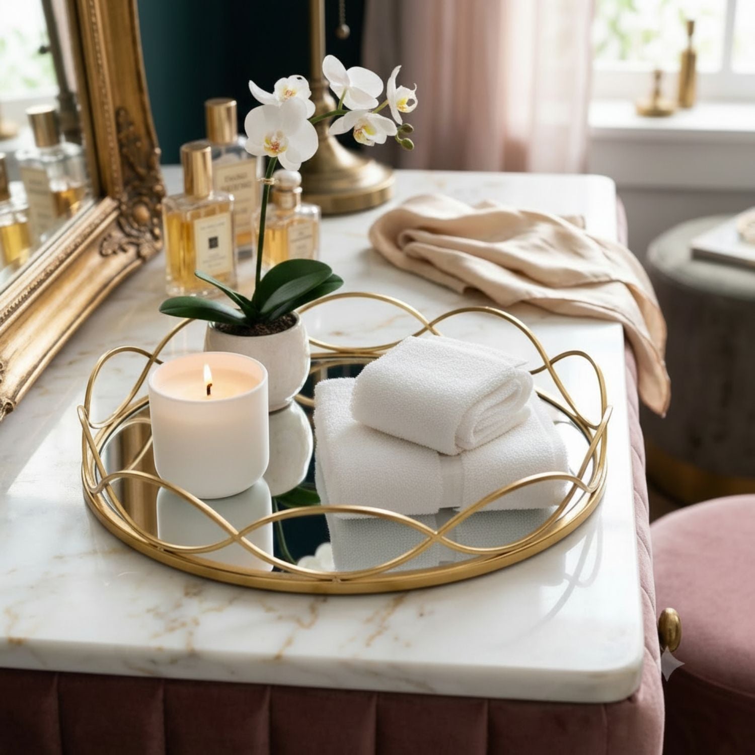 A round gold metal tray with a mirrored base is styled on a marble-topped vanity, holding white folded towels, a lit white candle, and a small potted plant. The scene is set in a luxurious bathroom or spa environment with perfume bottles, a mirror, and soft furnishings in the background.