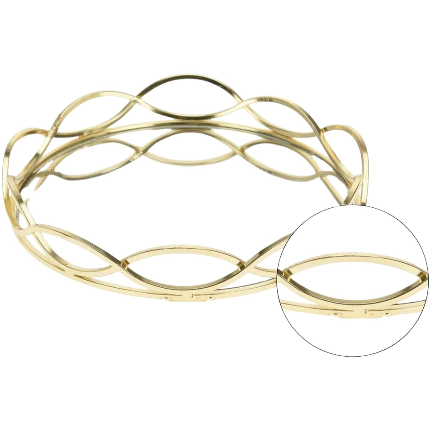 A gold-toned open bangle bracelet with an intricate interlocking oval pattern, shown on a plain white background with a circular inset detail of the clasp.