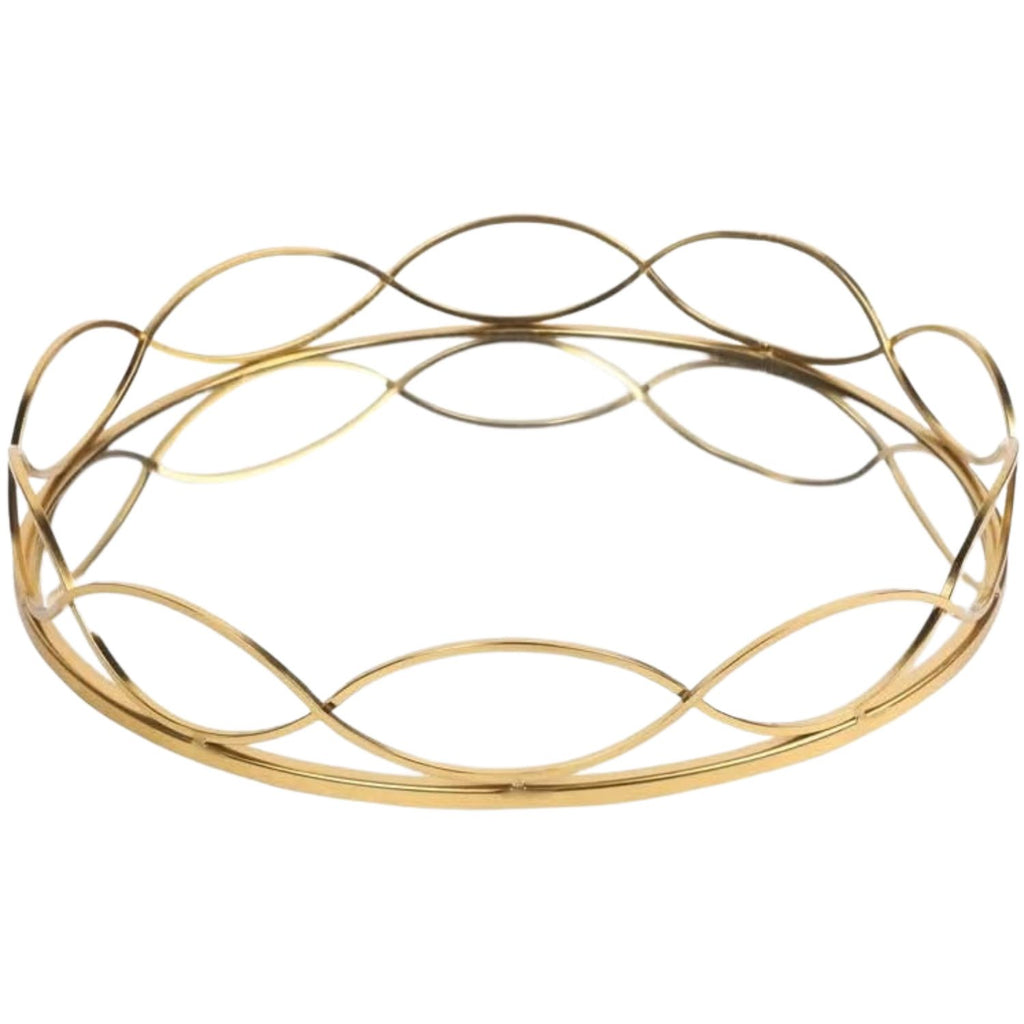 A gold-plated metal tray with an openwork, interlocking oval pattern, shown on a plain white background.