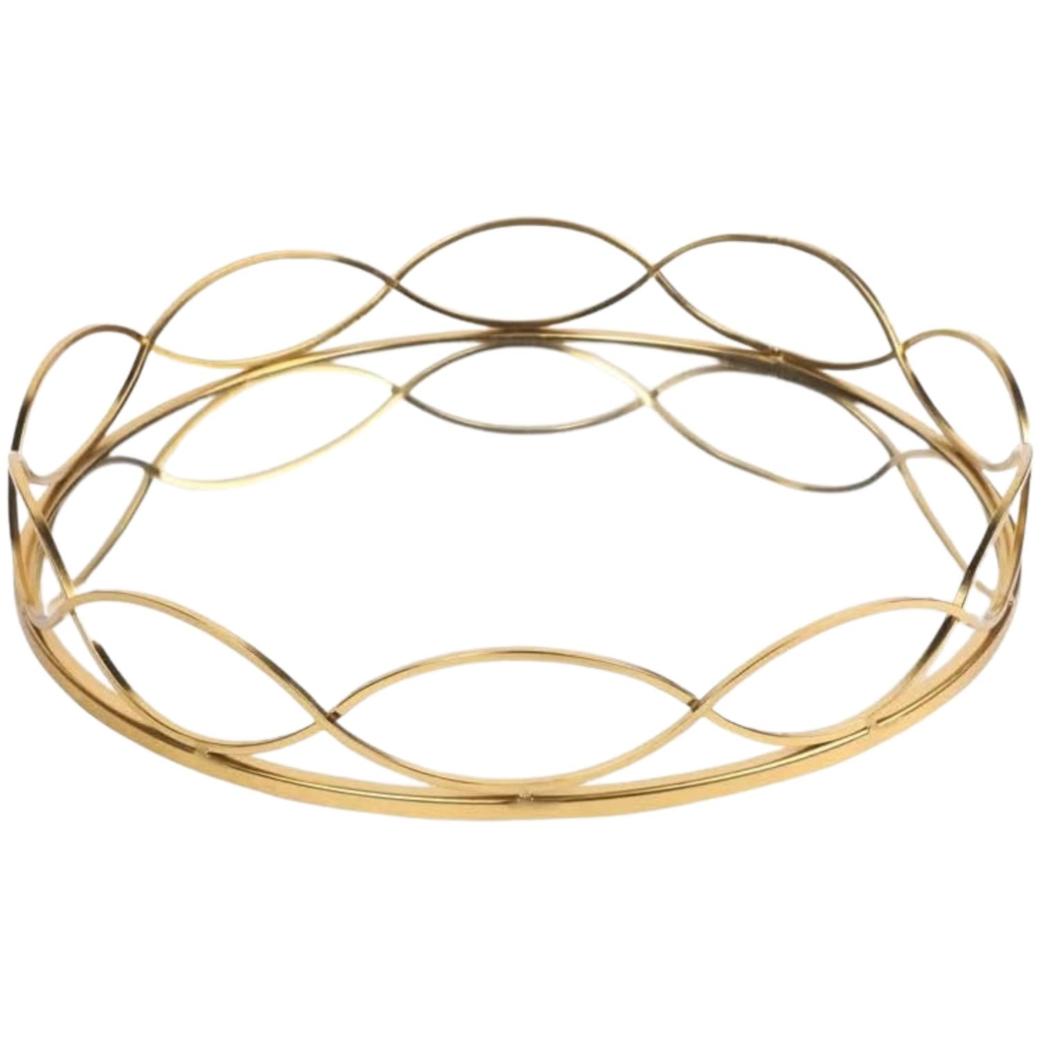 A gold-plated metal tray with an openwork, interlocking oval pattern, shown on a plain white background.