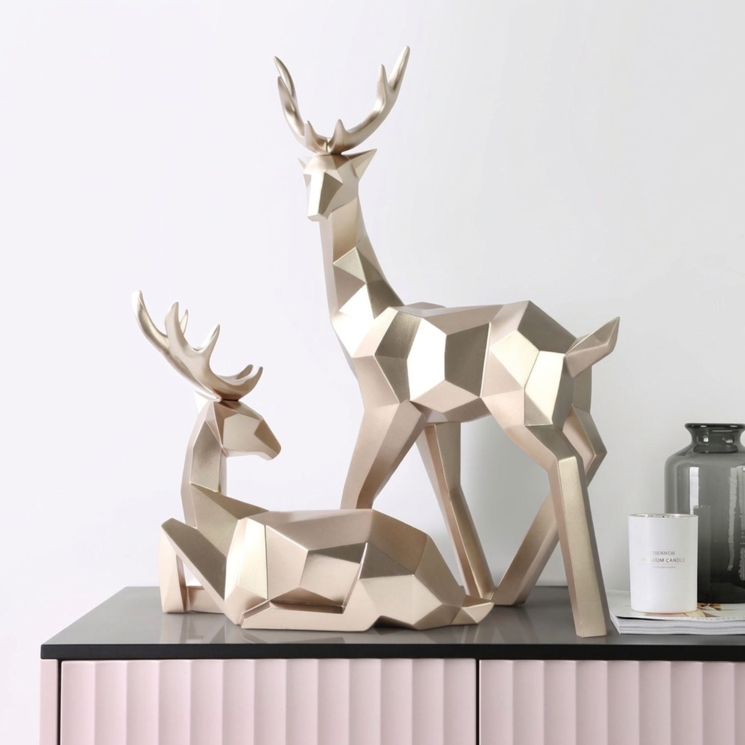 Set of 2 Geometric Deer Sculpture Gold Low-Poly Stag & Fawn