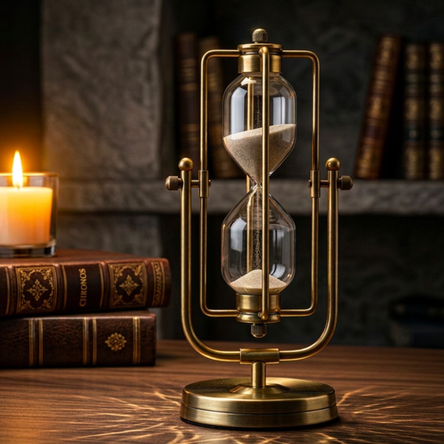 A brass hourglass with clear glass chambers and white sand sits on a wooden table, styled with antique books and a lit candle in a warm, dimly lit room.