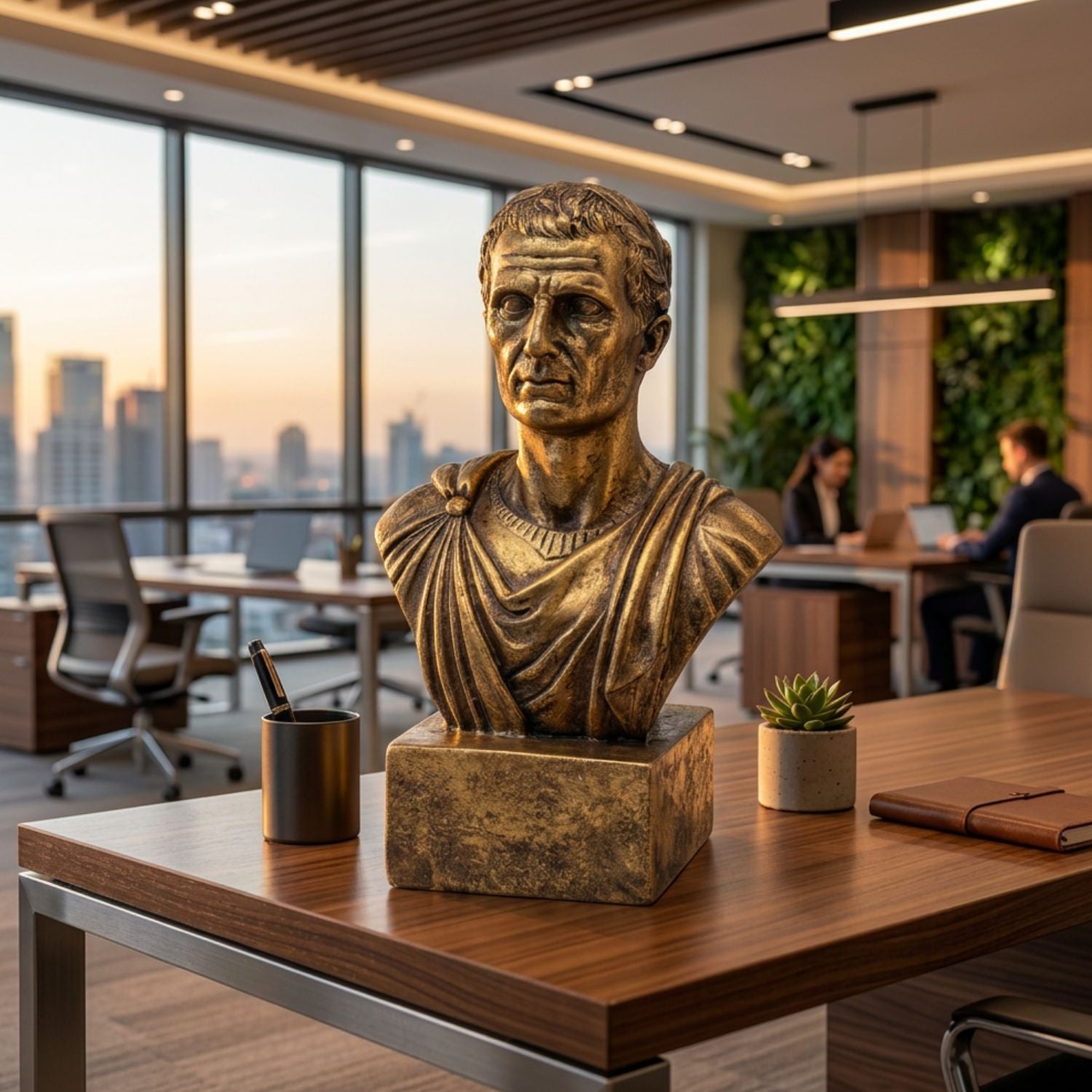 A bronze bust sculpture of a classical Roman or Greek male figure on a rectangular base, displayed on a wooden desk in a modern office setting with large windows and city views.