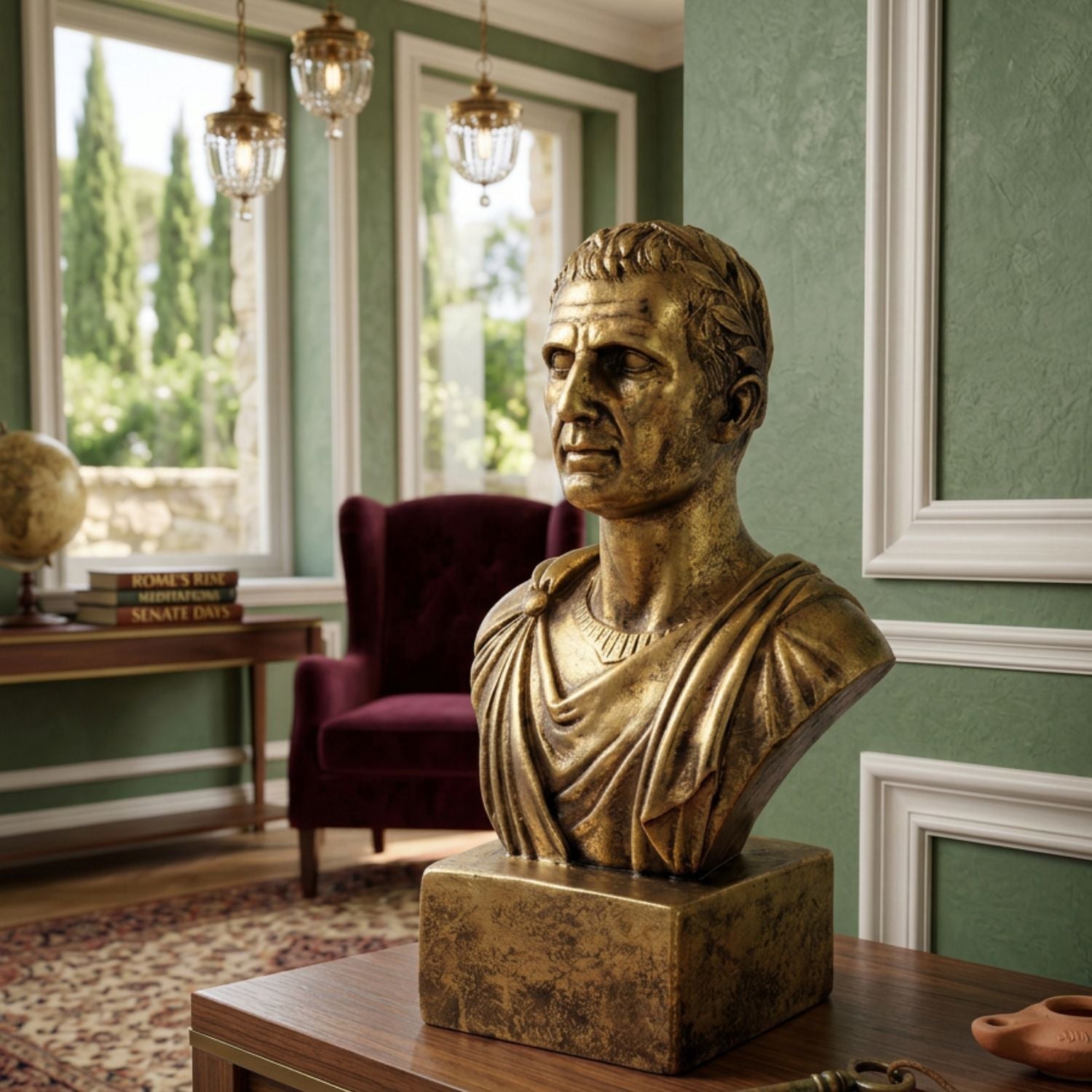 A bronze bust sculpture of a classical male figure on a rectangular base, displayed on a wooden table in an elegant room with green walls, windows, and a purple armchair in the background.