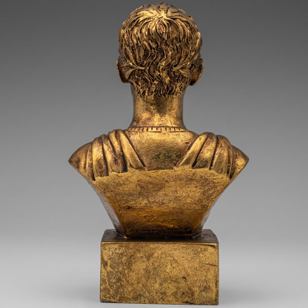 A classical-style bronze bust sculpture shown from the back, mounted on a rectangular pedestal base against a neutral gray gradient background.