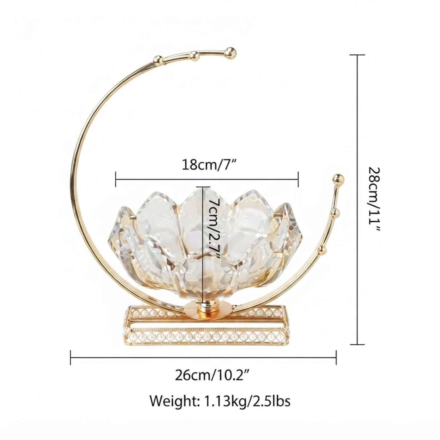 Gold-toned lotus-shaped crystal candle holder with dimension markings showing height of 28cm, top arch of 18cm, base width of 26cm, and weight of 1.13kg, on a white background.
