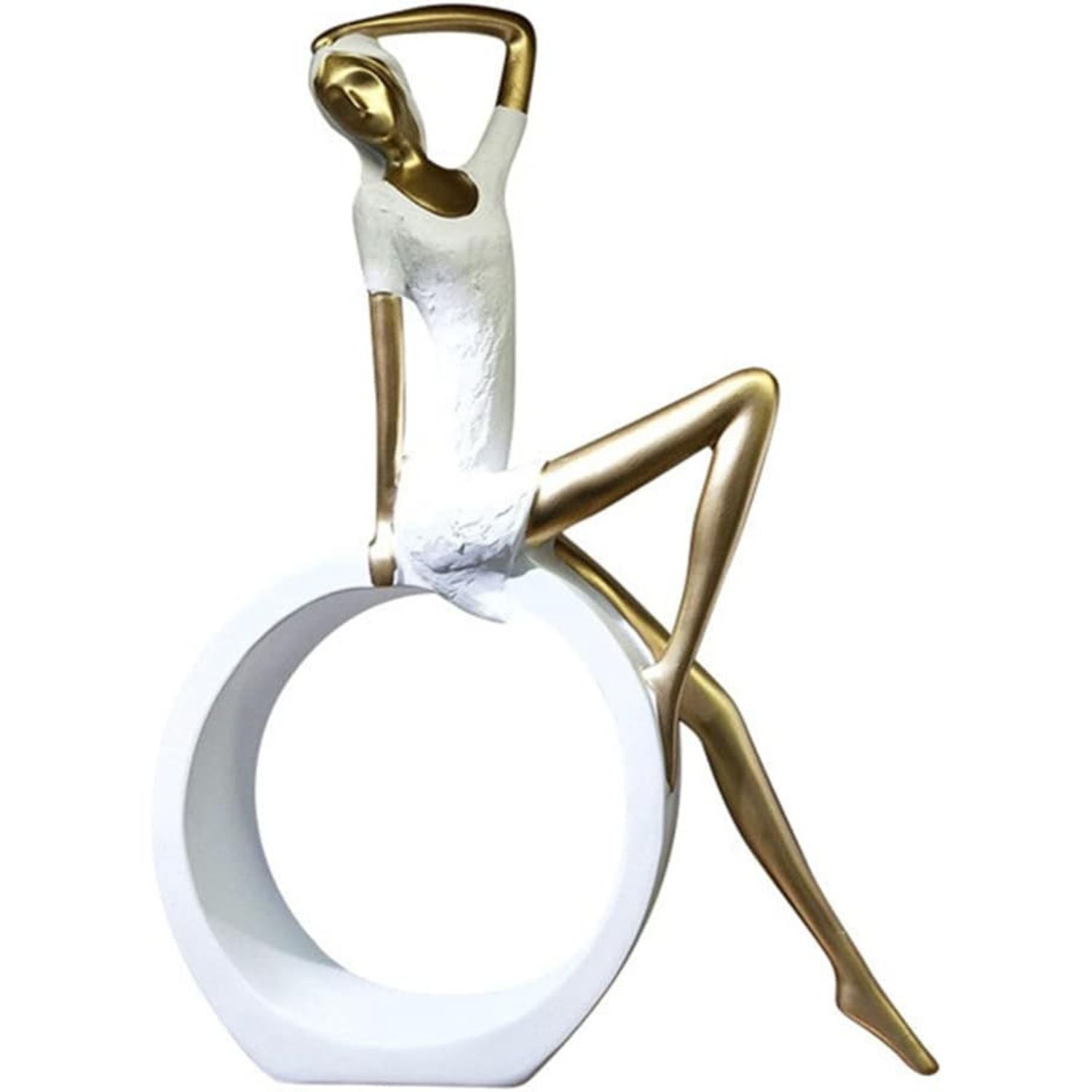 A modern abstract sculpture of a seated female figure with a circular base, featuring a textured white body and metallic gold limbs, set against a plain white background.