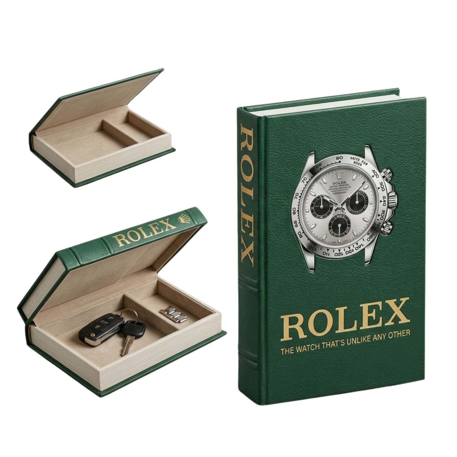 A green hardcover book-shaped watch box shown closed and open on a white background. The closed version features a silver wristwatch illustration and the word ROLEX in gold.