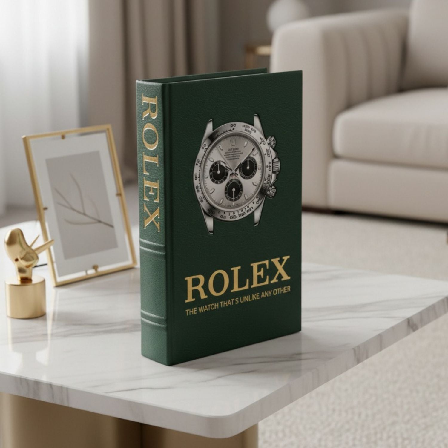 A dark green hardcover book styled like a Rolex watch collector's guide, standing on a white marble table in a modern living room setting.