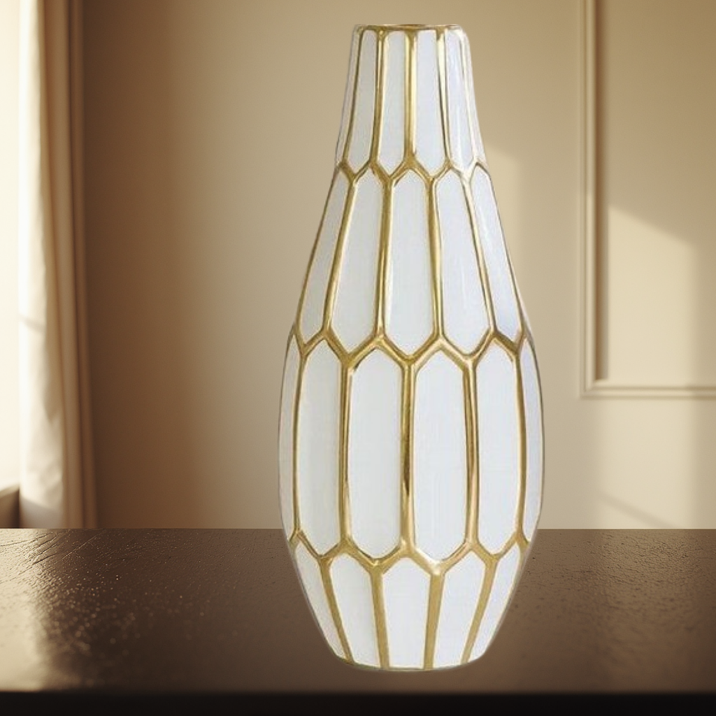 White & Gold Geometric Ceramic Vase
