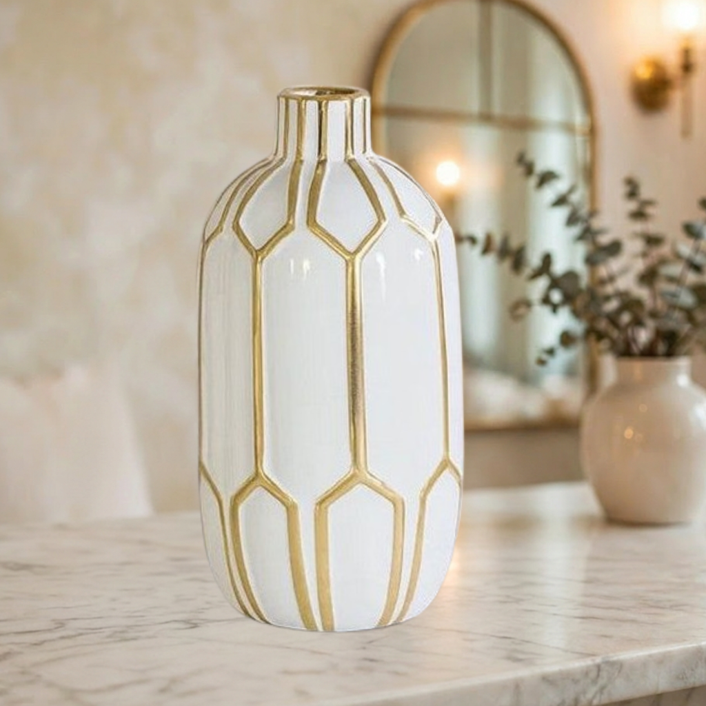 White & Gold Geometric Ceramic Vase