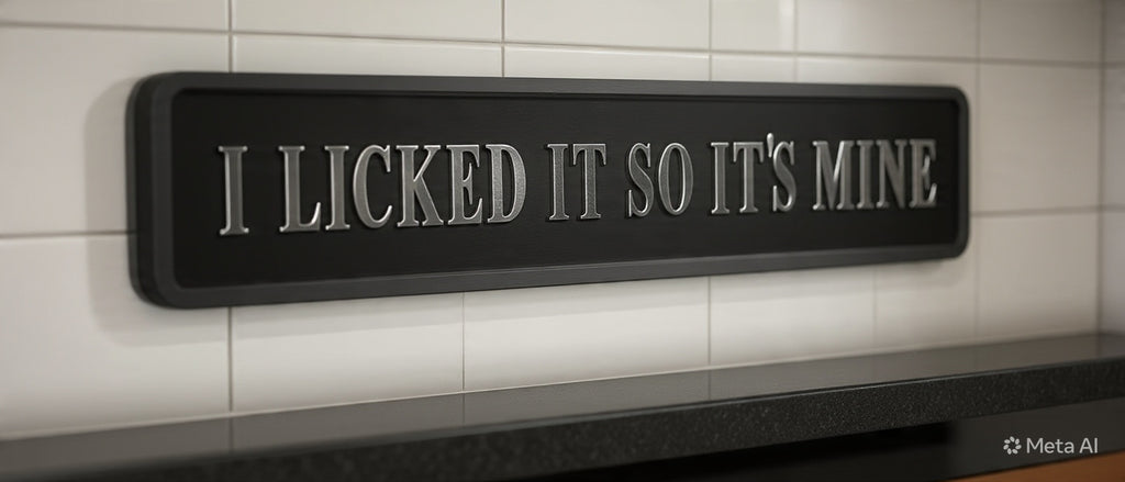 I Licked It So It's Mine sign in living room with dog