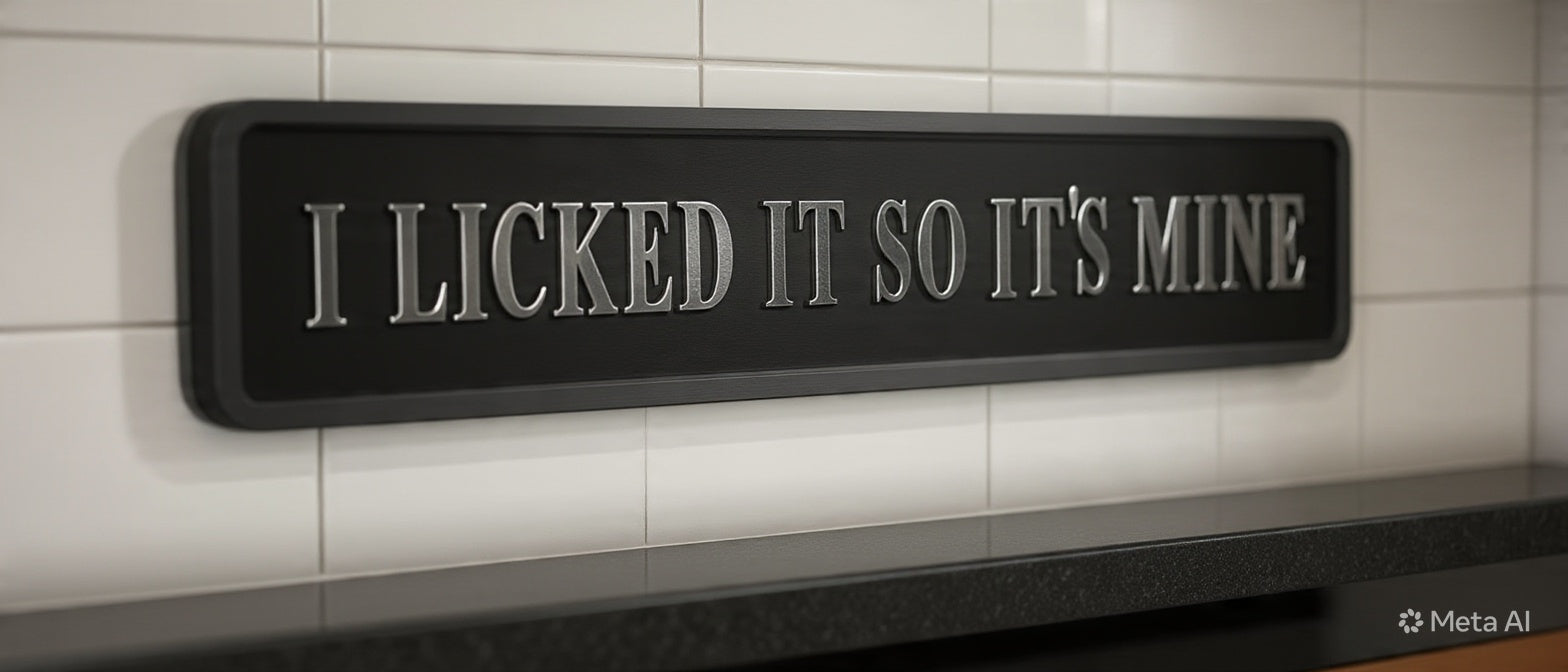 I Licked It So It's Mine sign in living room with dog