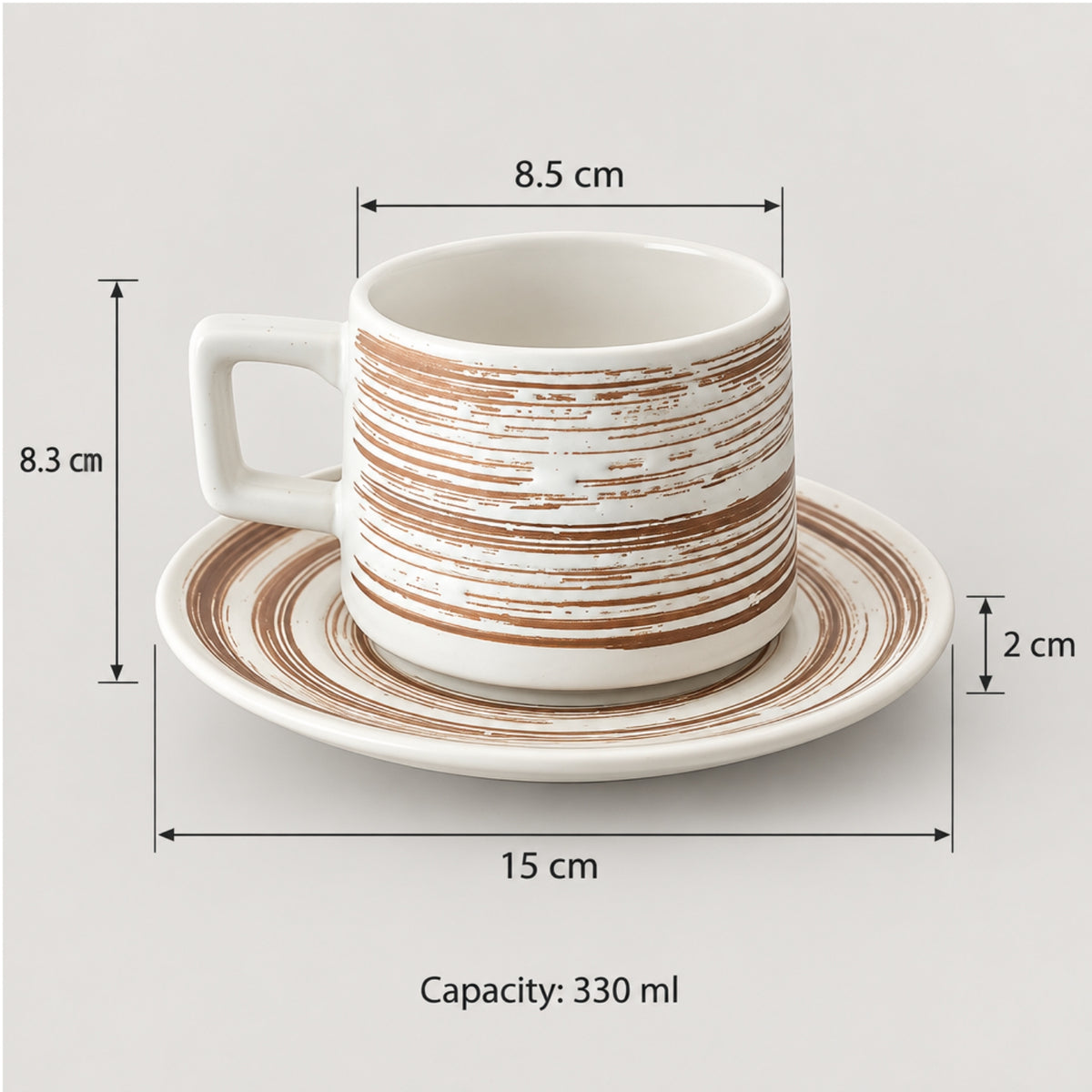 A white ceramic coffee cup with a matching saucer, decorated with brown distressed horizontal brushstroke patterns. The image includes dimension lines and text indicating the cup's height is 8.