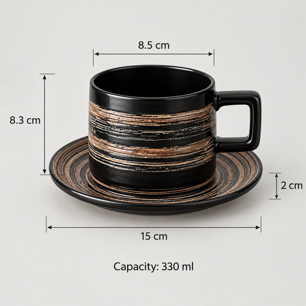 Black ceramic coffee cup and matching saucer with metallic gold and bronze horizontal stripes, shown with dimension annotations (8.5 cm width, 8.