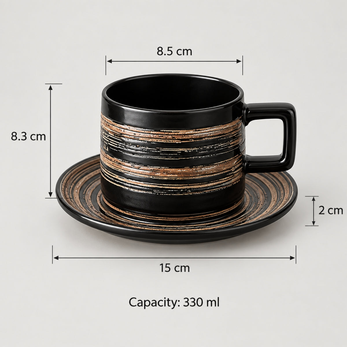Black ceramic coffee cup and matching saucer with metallic gold and bronze horizontal stripes, shown with dimension annotations (8.5 cm width, 8.