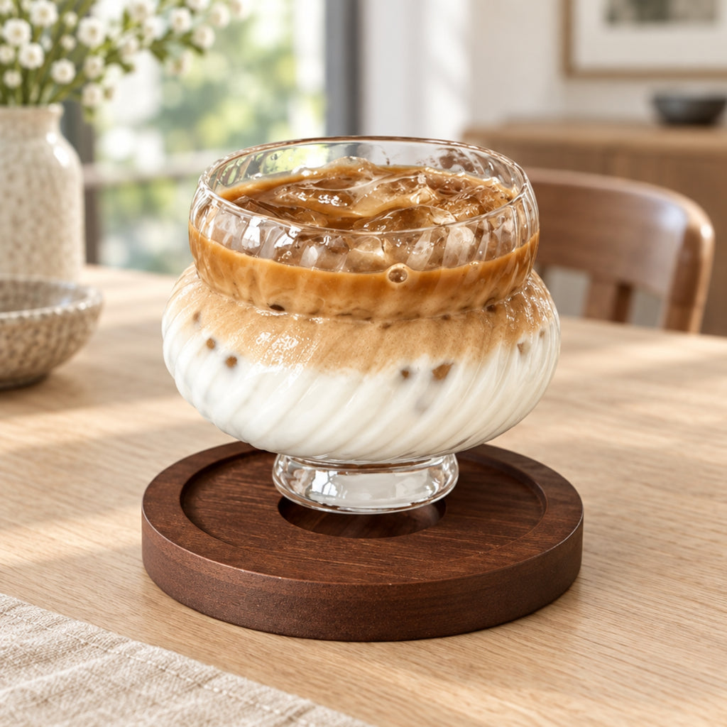 A clear glass footed cup filled with an iced latte sits on a round dark wood coaster on a light wood table in a softly blurred indoor setting.