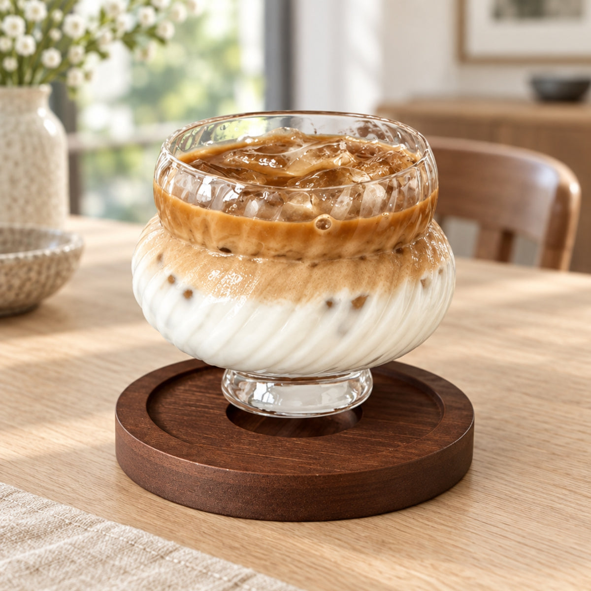 A clear glass footed cup filled with an iced latte sits on a round dark wood coaster on a light wood table in a softly blurred indoor setting.