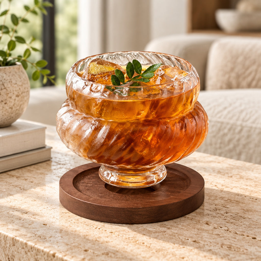 A clear ribbed glass bowl or tumbler filled with amber-colored liquid and ice, set on a round dark wooden coaster on a stone tabletop in a softly lit indoor setting.