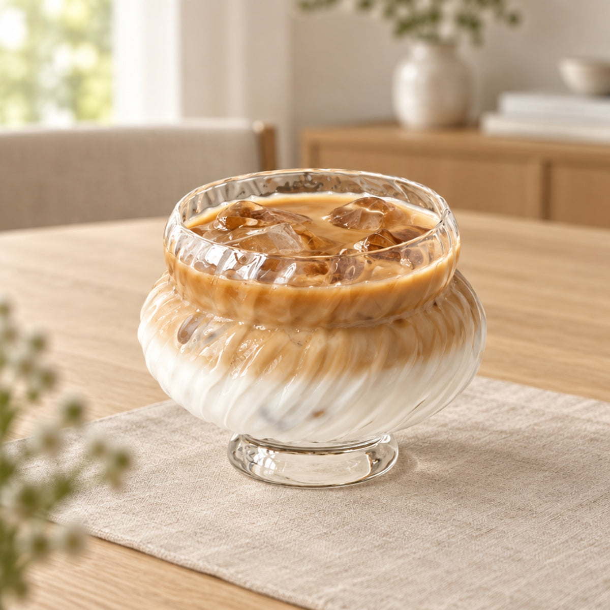 A clear ribbed glass footed bowl filled with iced coffee and milk, set on a beige placemat on a wooden table in a softly lit indoor setting.