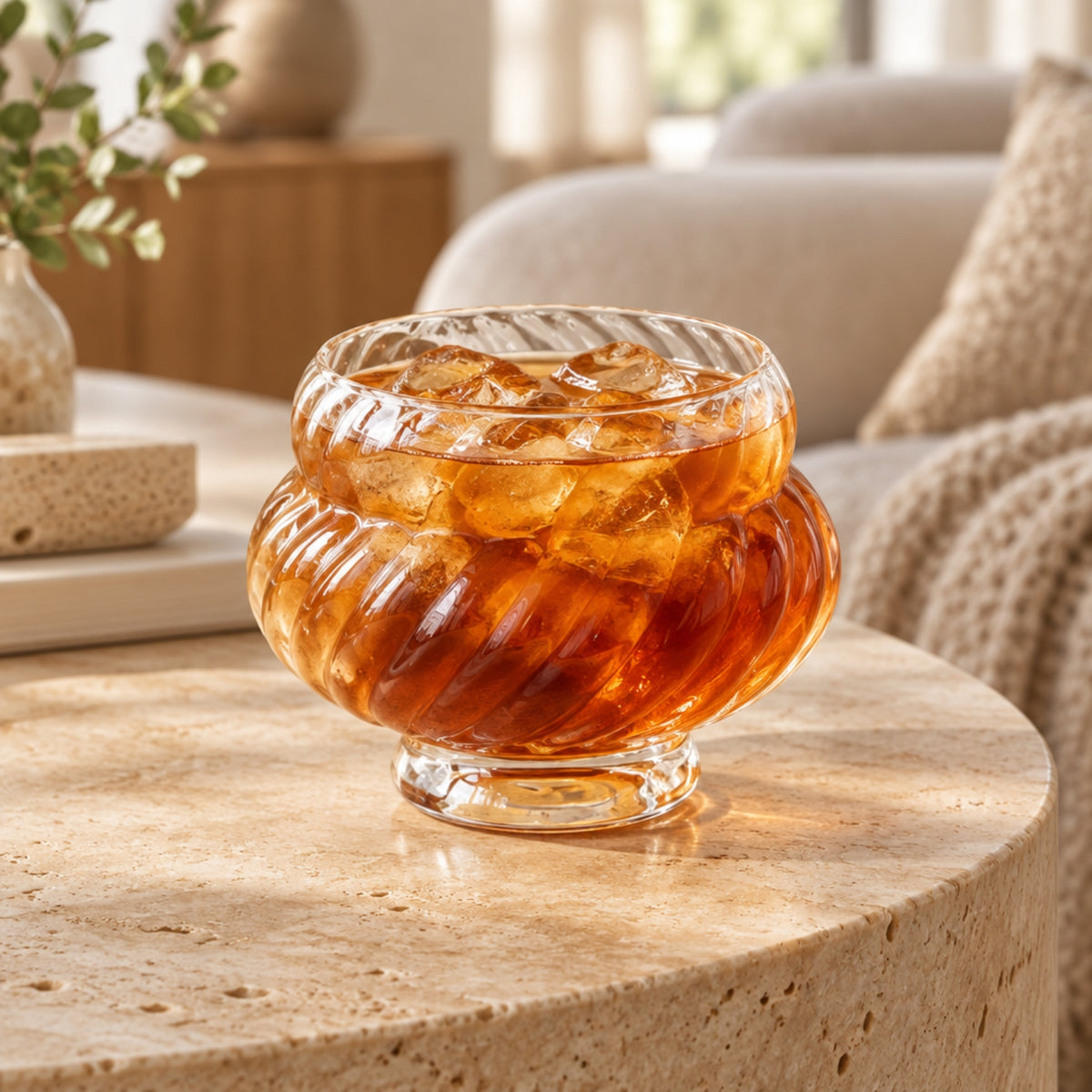 A clear ribbed glass bowl filled with amber-colored iced tea and ice, set on a round beige stone table in a softly blurred living room setting.