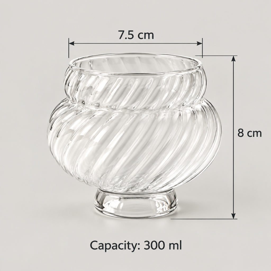 Clear ribbed glass vase with dimension markings showing a width of 7.5 cm, height of 8 cm, and a stated capacity of 300 ml, on a light gray background.
