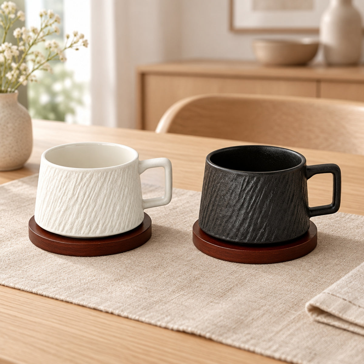 Two textured ceramic mugs, one white and one black, resting on round dark brown wooden coasters on a beige table runner in a warm, softly lit dining setting.