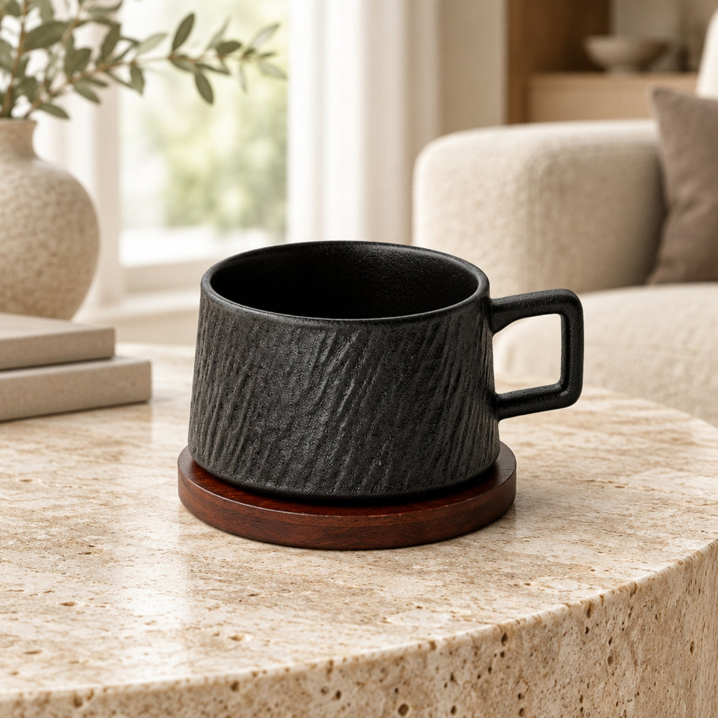 A dark charcoal textured ceramic mug with a square handle, resting on a round wooden coaster on a speckled beige stone table in a cozy living room setting.