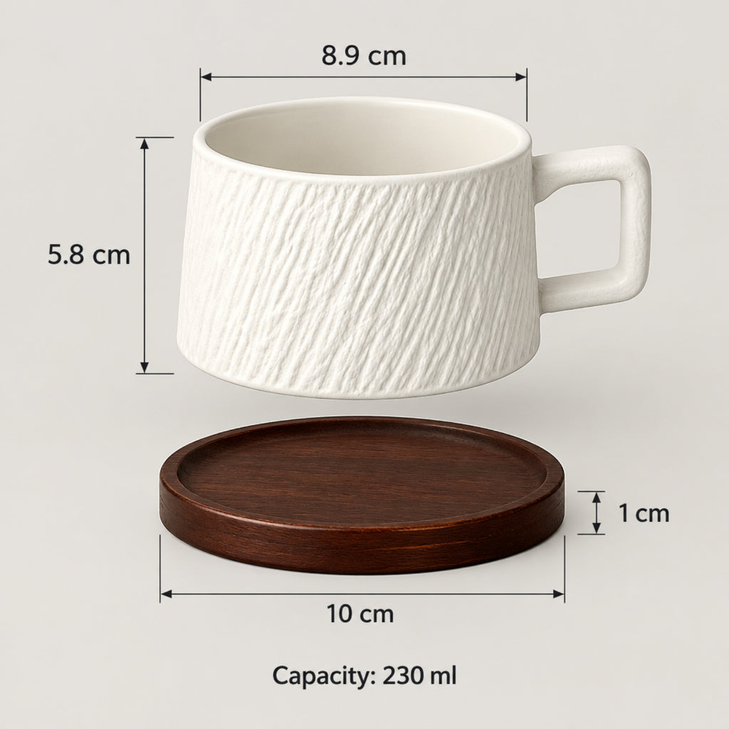 White textured ceramic mug with a matching dark brown wooden coaster, shown with dimension labels (8.9 cm, 5.
