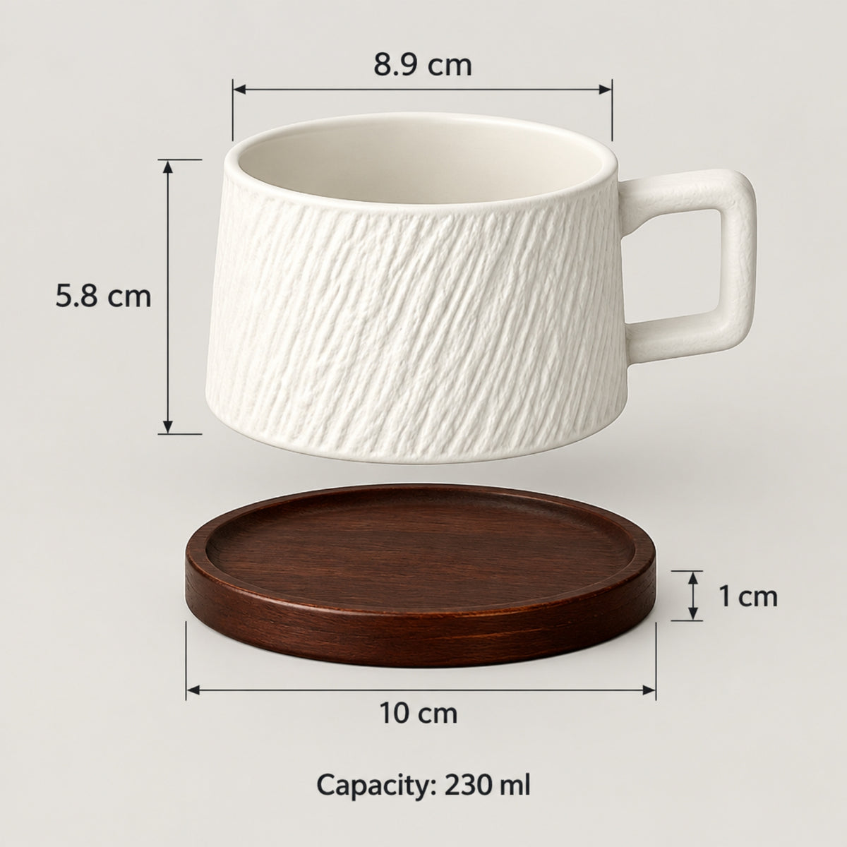 White textured ceramic mug with a matching dark brown wooden coaster, shown with dimension labels (8.9 cm, 5.