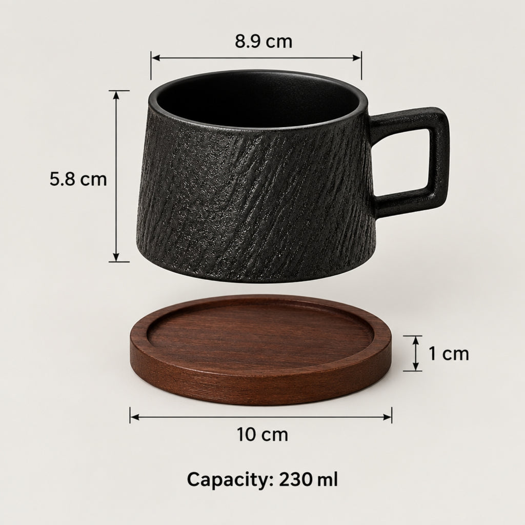 Black textured ceramic mug with a square handle and a matching round wooden coaster, shown with dimension labels (8.9 cm width, 5.