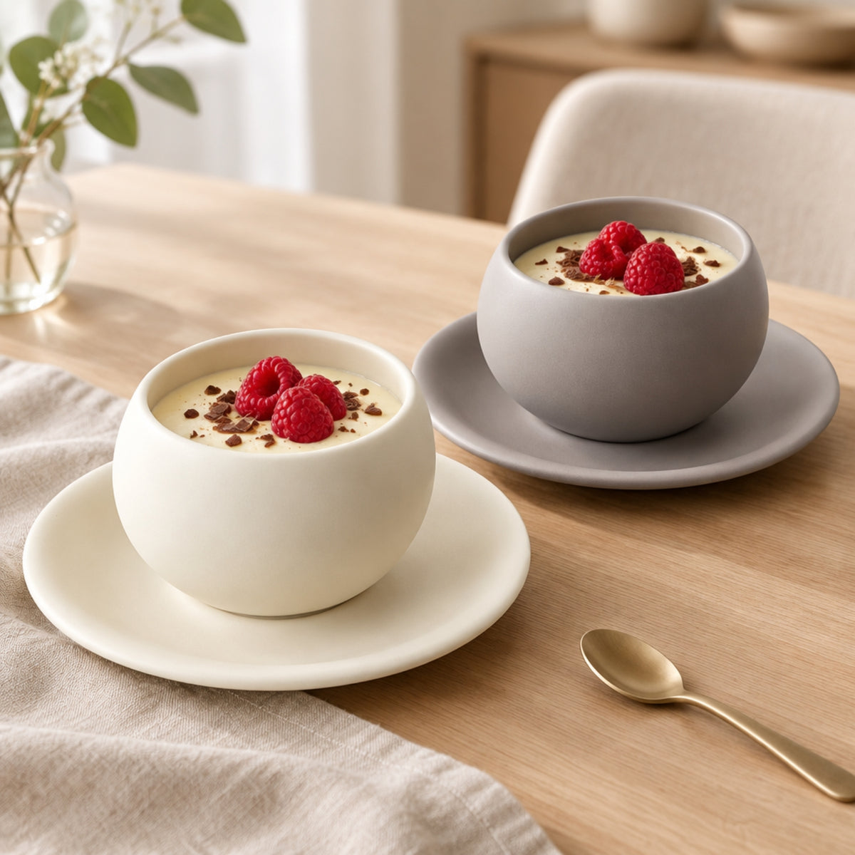 Rounded Handle less Cup with Matching Plate – Beige or Grey